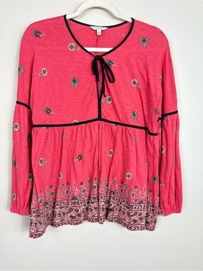 Lucky Brand Top Womens Large Pink Black Floral Keyhole Long Sleeve Boho Peasant